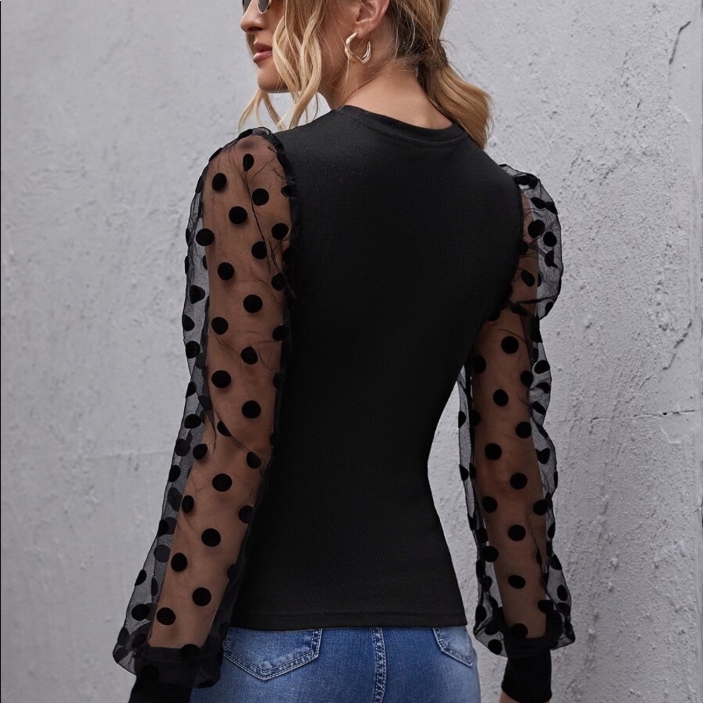 Black sheer puff long sleeve polka dot blouse - Picture 3 of 5